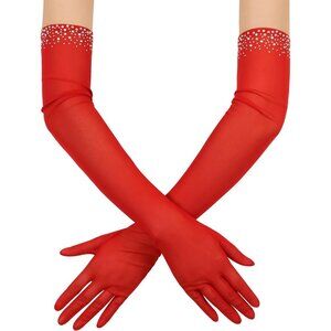 Women's Sexy Pearl Dark Red Beaded Long Gloves Tulle Mesh Wedding Party Prom